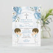 Tweeling Dusty Blue Flowers Boys Eerste Heilige Co Kaart (Staand voorkant)