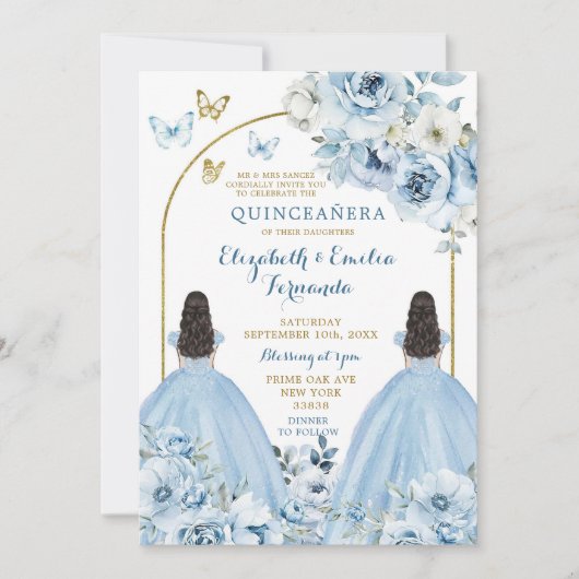 Tweeling Dusty Blue Mexicaanse Quinceañera Prinses Kaart (Voorkant)