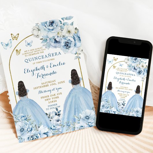 Tweeling Dusty Blue Mexicaanse Quinceañera Prinses Kaart