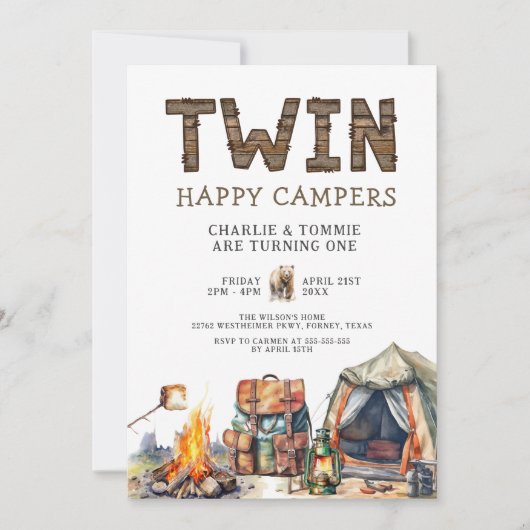 Tweeling Een Gelukkige Camper Rustieke 1e Verjaard Kaart (Voorkant)