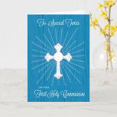 Tweeling Eerste Communie Kruis en Stralen op Blauw Kaart (Gele Bloem)