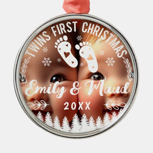Tweeling eerste kerstfoto metalen ornament (Voorkant)