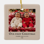 Tweeling Eerste Kerstmis baby foto Beige Keramisch Ornament (Voorkant)