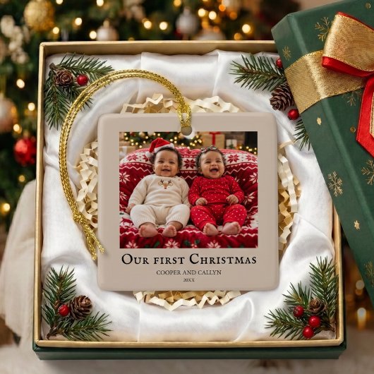 Tweeling Eerste Kerstmis baby foto Beige Keramisch Ornament