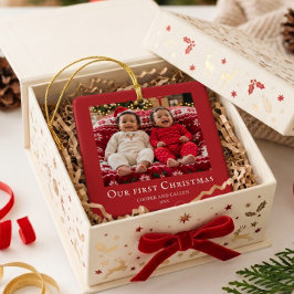 Tweeling Eerste Kerstmis baby foto Rood Keramisch Ornament