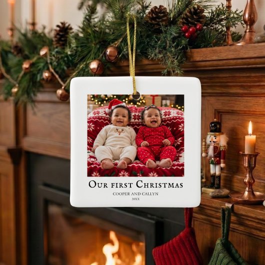 Tweeling Eerste Kerstmis baby foto Wit Keramisch Ornament