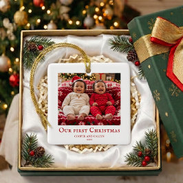 Tweeling Eerste Kerstmis babyfoto Rood en Wit Keramisch Ornament