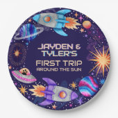 Tweeling eerste reis rond de Zon Rocket Outer Spac Papieren Bordje (Voorkant)