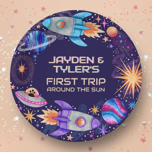 Tweeling eerste reis rond de Zon Rocket Outer Spac Papieren Bordje