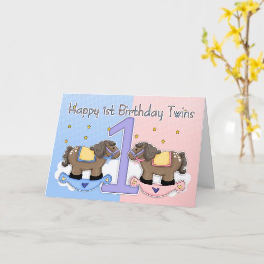 Tweeling eerste verjaardag Kaart - Twee kleine pon (Gele Bloem)