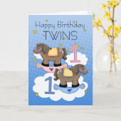 Tweeling eerste verjaardag Kaart - Twee kleine pon (Gele Bloem)