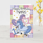 Tweeling eerste verjaardag Kaart - Twee kleine pon (Gele Bloem)