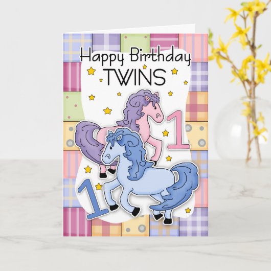 Tweeling eerste verjaardag Kaart - Twee kleine pon (Gele Bloem)