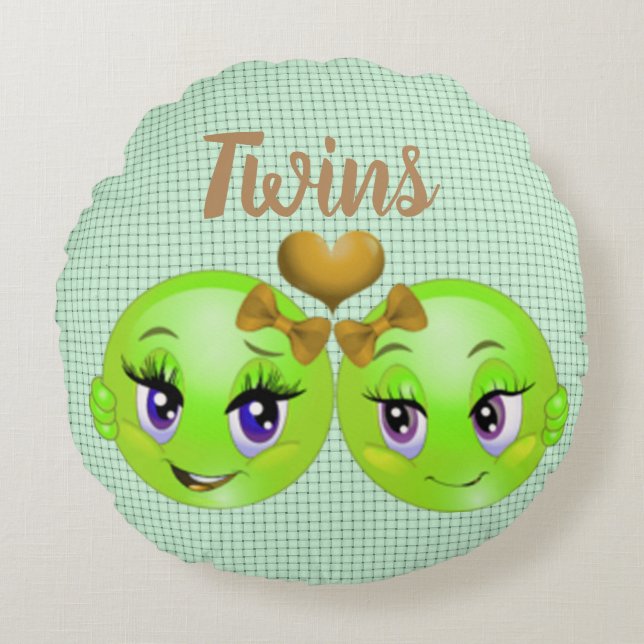 Tweeling Emoji Meisjes Rond Kussen (Voorkant)