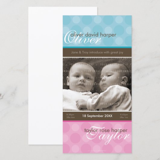 TWEELING FOTO GEBOORTEAANKONDIGING :: harmonie 1P Aankondiging (Voorkant / Achterkant)