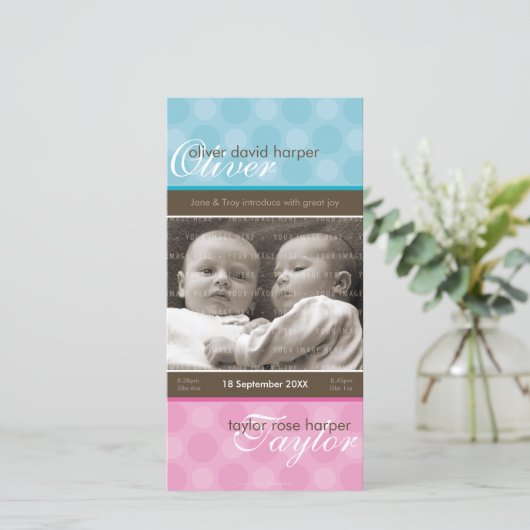 TWEELING FOTO GEBOORTEAANKONDIGING :: harmonie 1P Aankondiging (Staand voorkant)