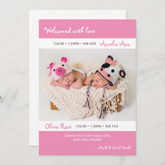 Tweeling geboorte aankondiging / dank je kaart (Voorkant / Achterkant)