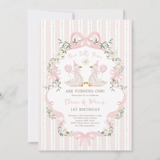 Tweeling Gekke Ganzen Roze Bow Verjaardag Meisjes Kaart (Voorkant)