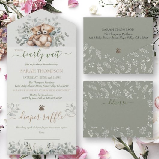 Tweeling genderneutraal teddybeer Baby Baby shower All In One Uitnodiging