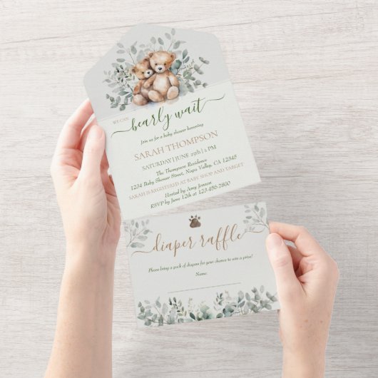Tweeling genderneutraal teddybeer Baby Baby shower All In One Uitnodiging (Afscheurbaar)