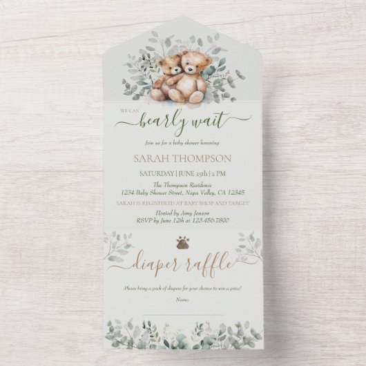 Tweeling genderneutraal teddybeer Baby Baby shower All In One Uitnodiging (Binnen)