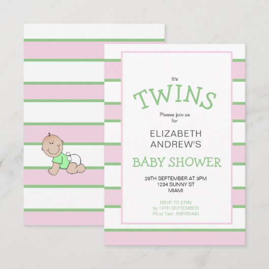 Tweeling Gestreept Roze Groen Baby shower Kaart (Voorkant / Achterkant)