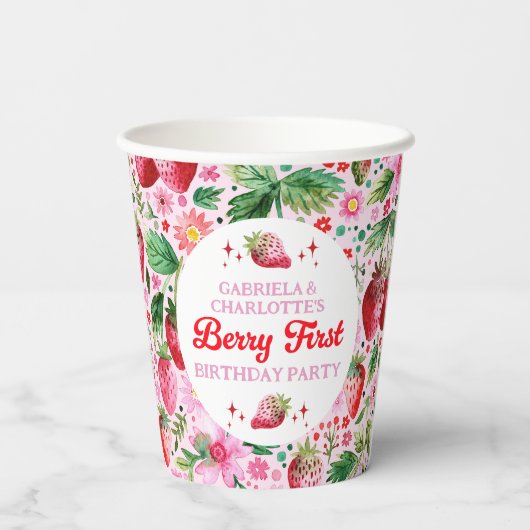 Tweeling Gezamenlijke Aardbei Berry 1e Verjaardag  Papieren Bekers (Achterkant)