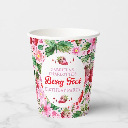 Tweeling Gezamenlijke Aardbei Berry 1e Verjaardag  Papieren Bekers (Voorkant)