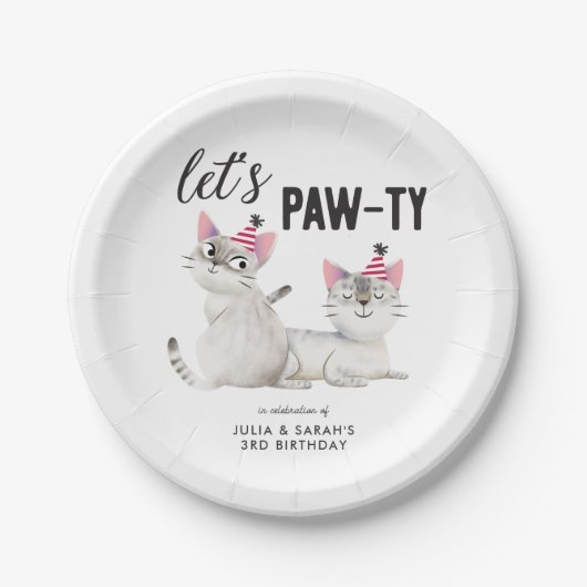 Tweeling gezamenlijke verjaardag laat pawty katten papieren bordje (Voorkant)