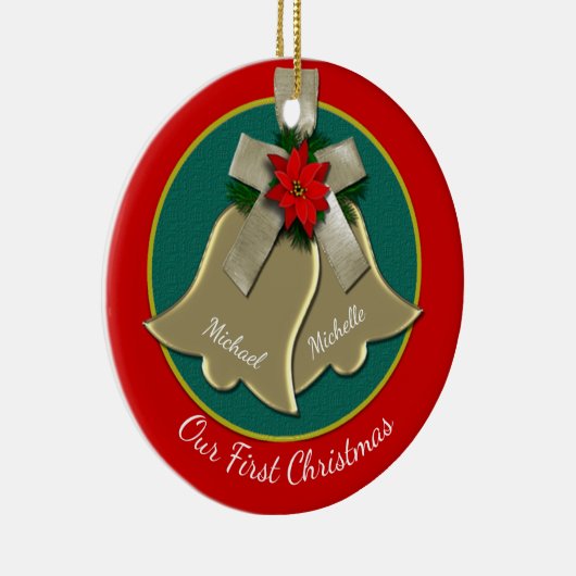 Tweeling Gold Bells Couple's eerste kerstversierin Keramisch Ornament (Rechts)