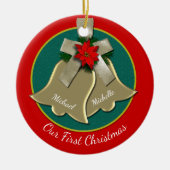 Tweeling Gold Bells Couple's eerste kerstversierin Keramisch Ornament (Voorkant)