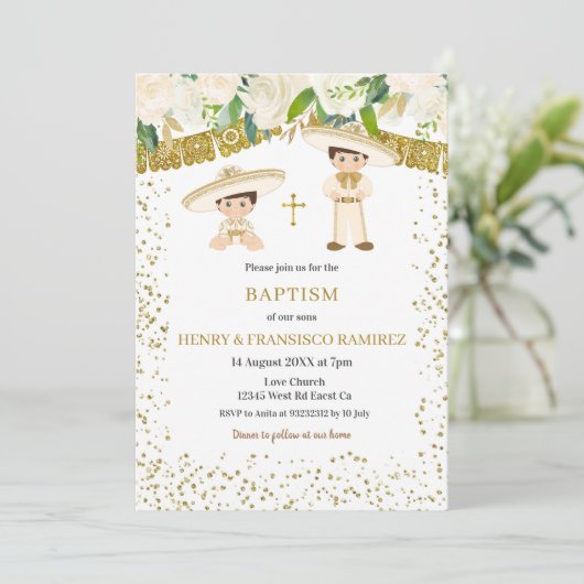 Tweeling Gouden Charro Jongen Doop Fiesta Kaart (Staand voorkant)