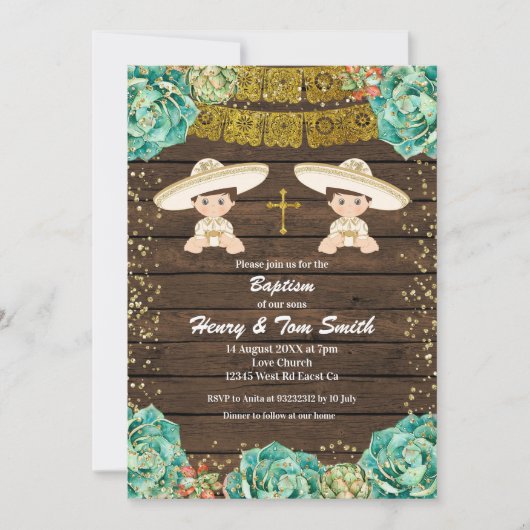 Tweeling Gouden Glitter Fiesta Jongen Doop Doop Do Kaart (Voorkant)