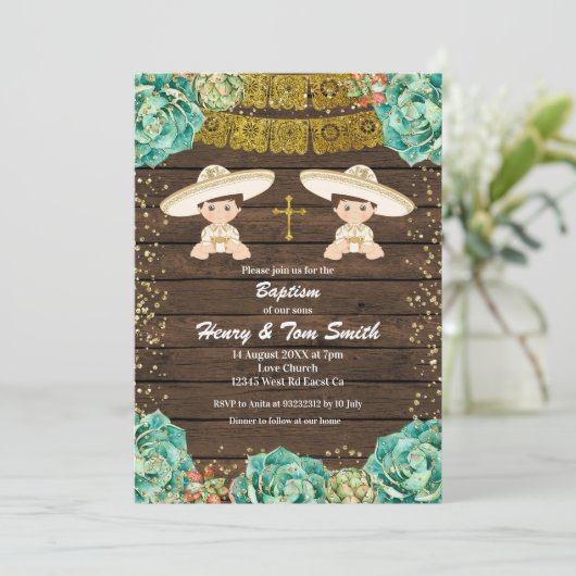 Tweeling Gouden Glitter Fiesta Jongen Doop Doop Do Kaart (Staand voorkant)