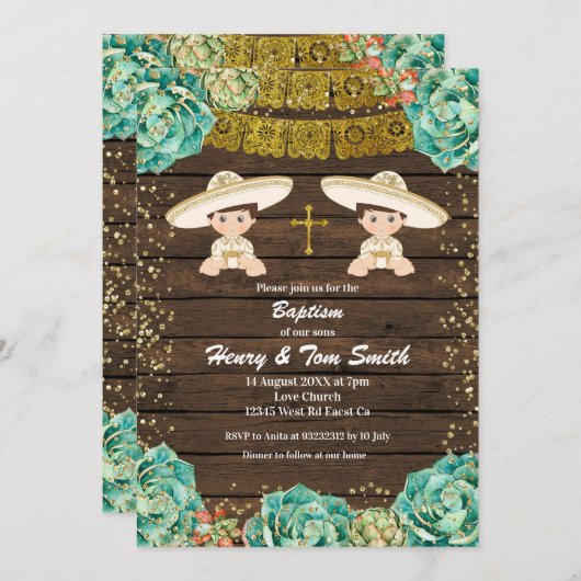 Tweeling Gouden Glitter Fiesta Jongen Doop Doop Do Kaart (Voorkant / Achterkant)