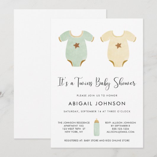 Tweeling Groen Geel Waterverf Retro Baby shower Kaart (Voorkant / Achterkant)