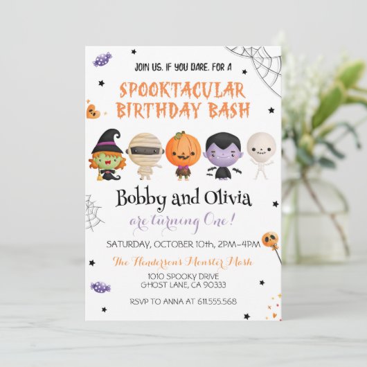 Tweeling Halloween Verjaardag Spooktacular Bash Kaart (Staand voorkant)