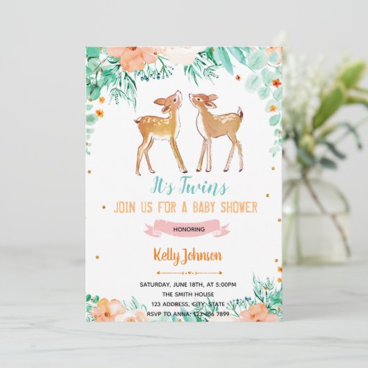 Tweeling herten baby shower uitnodiging (Staand voorkant)