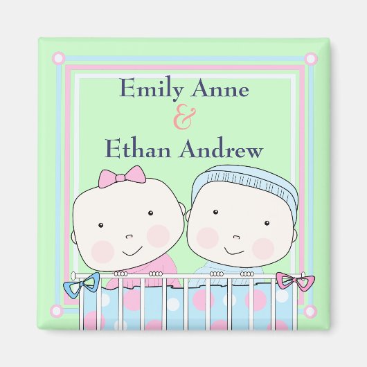 Tweeling in Wieg, Meisje en Jongen Baby Magnet (Voorkant)