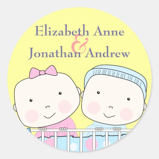 Tweeling in Wieg, Meisje en Jongen Namen Sticker (Voorkant)
