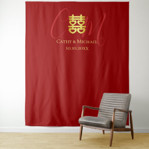 Tweeling initials rood Chinees trouwfoto achtergro Wandkleed