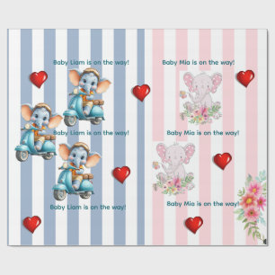 Tweeling inpakpapier Blauw Roze Streep Olifant