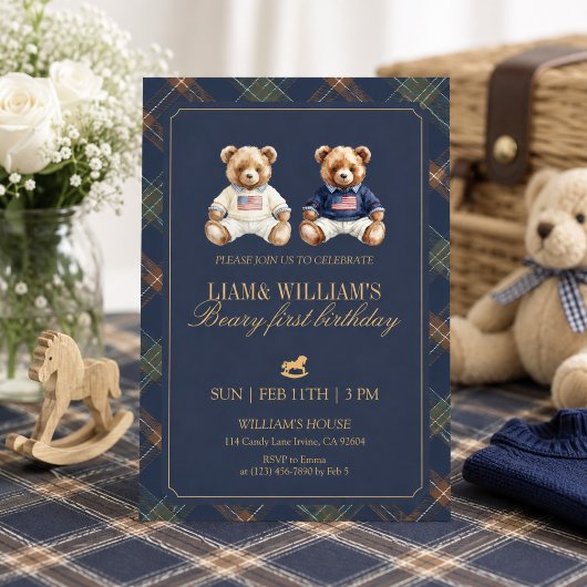 Tweeling Jongen Beary Eerste Verjaardag Teddybeer Kaart