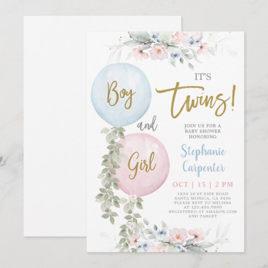 Tweeling Jongen en Meisje Baby Shower Uitnodiging (Voorkant / Achterkant)