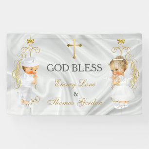 Tweeling jongen en meisje doop christening goud spandoek