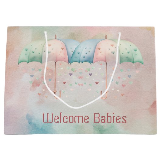 Tweeling Jongen en Meisje Douche Paraplu Gift Bag Groot Cadeauzakje (Voorkant)