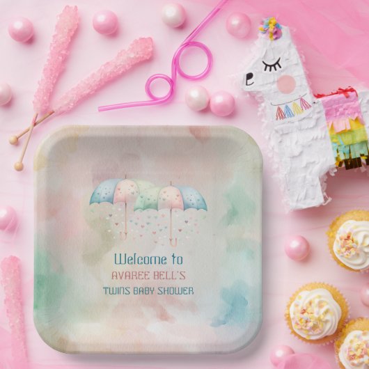 Tweeling Jongen en Meisje Douche Paraplu Papieren Bordje (Feest)