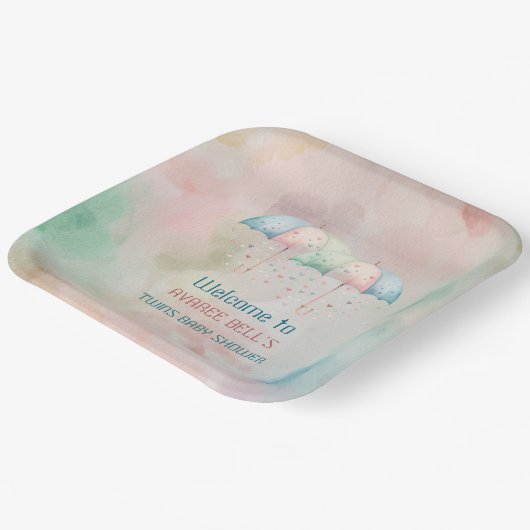 Tweeling Jongen en Meisje Douche Paraplu Papieren Bordje (Gebogen)