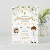 Tweeling jongen en meisje zussen eerste communie 2 kaart (Staand voorkant)