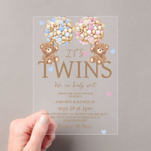 Tweeling Jongen Meisje Beer Ballonnen Baby Shower Acryl Uitnodigingen
